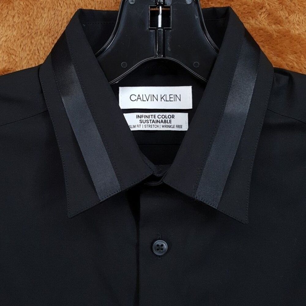 CALVIN KLEIN Dress Shirt Size 14 14.5 32 33 Black Tuxedo Collar Slim Fit Stretch